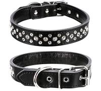 Haoyueer Rhinestones Dog Collar, Adjustable Sparkly Crystal Studded Genuine Leather Pet Dog Collar for Small and Medium Dogs (L, Black)