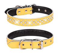 Haoyueer Rhinestones Dog Collar, Adjustable Sparkly Crystal Studded Genuine Leather Pet Dog Collar for Small and Medium Dogs (S, Yellow)