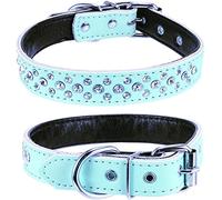 Haoyueer Rhinestones Dog Collar, Adjustable Sparkly Crystal Studded Genuine Leather Pet Dog Collar for Small and Medium Dogs (L, Blue)