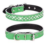 Haoyueer Rhinestones Dog Collar, Adjustable Sparkly Crystal Studded Genuine Leather Pet Dog Collar for Small and Medium Dogs (L, Green)