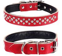 Haoyueer Rhinestones Dog Collar, Adjustable Sparkly Crystal Studded Genuine Leather Pet Dog Collar for Small and Medium Dogs (L, Red)