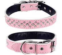 Haoyueer Rhinestones Dog Collar, Adjustable Sparkly Crystal Studded Genuine Leather Pet Dog Collar for Small and Medium Dogs (L, Pink)