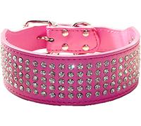 haoyueer Rhinestones Dog Collars 5 cm Width 5 Rows Full Sparkly Crystal Diamonds Dazzling Sparkling Elegant Fancy PU Leather Dog Collar for Medium & Large Dogs (S, Hot Pink)