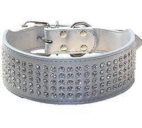 haoyueer Rhinestones Dog Collars 5 cm Width 5 Rows Full Sparkly Crystal Diamonds Dazzling Sparkling Elegant Fancy PU Leather Dog Collar for Medium & Large Dogs (M, Silver)