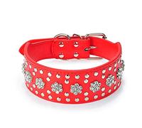 haoyueer Rhinestones Dog Collars Flower Pattern Rhinestone Studded Leather Sparkly Crystal Diamonds Dazzling Sparkling Elegant Fancy PU Leather Dog Collar for Medium & Large Dogs (L, Red)