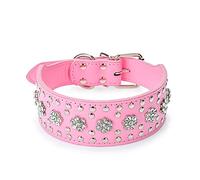 haoyueer Rhinestones Dog Collars Flower Pattern Rhinestone Studded Leather Sparkly Crystal Diamonds Dazzling Sparkling Elegant Fancy PU Leather Dog Collar for Medium & Large Dogs (L, Pink)