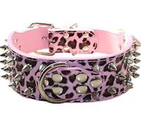 haoyueer Spiked Leather Dog Collar Bullet Rivets Studded 2 Inch Width Stylish Leather Dog Collars for Medium & Large Dogs Pitbull … (XL, Pink Leopard)