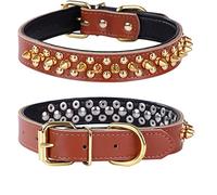 haoyueer Spiked Studded Dog Collar, Genuine Leather Dog Collar, Adjustable Pet Collars for Medium Large Bulldog Pitbull Mastiff Poodle Boxer (M, Brown)