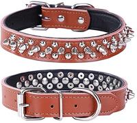 haoyueer Spiked Studded Dog Collar, Genuine Leather Dog Collar, Adjustable Pet Collars for Medium Large Bulldog Pitbull Mastiff Poodle Boxer (M, Brown-2)