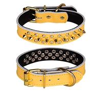 haoyueer Spiked Studded Dog Collar, Genuine Leather Dog Collar, Adjustable Pet Collars for Medium Large Bulldog Pitbull Mastiff Poodle Boxer (M, Yellow)