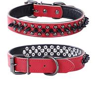 haoyueer Spiked Studded Dog Collar, Genuine Leather Dog Collar, Adjustable Pet Collars for Medium Large Bulldog Pitbull Mastiff Poodle Boxer (L, Red-1)