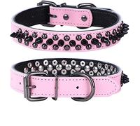 haoyueer Spiked Studded Dog Collar, Genuine Leather Dog Collar, Adjustable Pet Collars for Medium Large Bulldog Pitbull Mastiff Poodle Boxer (M, Pink-1)