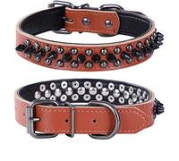 haoyueer Spiked Studded Dog Collar, Genuine Leather Dog Collar, Adjustable Pet Collars for Medium Large Bulldog Pitbull Mastiff Poodle Boxer (M, Brown-1)