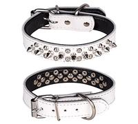 haoyueer Spiked Studded Dog Collar, Genuine Leather Dog Collar, Adjustable Pet Collars for Medium Large Bulldog Pitbull Mastiff Poodle Boxer (M, White-2)