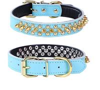haoyueer Spiked Studded Dog Collar, Genuine Leather Dog Collar, Adjustable Pet Collars for Medium Large Bulldog Pitbull Mastiff Poodle Boxer (S, Blue)