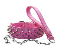 haoyueer Studded Dog Collars Punk Spiked Rivet with Stainless Buckle Soft Leather Chain Leash Combo Set Heavy Duty Fit Pitbull, Bulldog, Doberman (XL, Hot Pink)