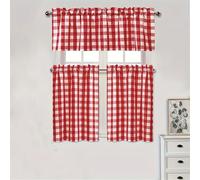Haoyunll 3 Piece Set Plaid Country Kitchen Window Curtains Valance Over Sink, Swag Short Curtains for Windows Treatment, Red White, 21"x6"+10"x9"