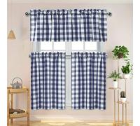 Haoyunll 3 Piece Set Plaid Country Kitchen Window Curtains Valance Over Sink, Swag Short Curtains for Windows Treatment, Blue White, 21"x6"+10"x9"