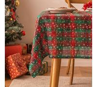 Haoyunll Christmas Tartan Red Green Plaid Snowflake Tablecloth, Washable Checkered Rectangle Fabric Table Cloths, Holiday Table Decorations, 55"x94"