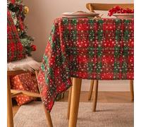 Haoyunll Christmas Tartan Red Green Plaid Snowflake Tablecloth, Washable Checkered Rectangle Fabric Table Cloths, Holiday Table Decorations, 55"x79"