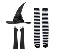 haozaikeji 3PCS Witch Costume Set Halloween Pointy Wizard Hat Soft Satin Long Gloves Striped Socks Wide Brim Wizard Cap Cosplay Hat Cosplay Party Props Halloween Fancy Dress Accessories for Evening