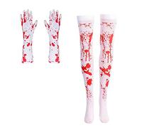 haozaikeji Bloody Stockings and Gloves Horror Zombie Cheerleader Costumes Over Knee Hold Up Socks and Half Arm Full Finger Gloves with Blood Stained for Halloween Fancy Dress Cosplay Theme Party