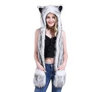 haozaikeji Winter Thermal Faux Fur 3 in 1 Hat Scarf Gloves Set for Women Cute Cat Gloves Paws with Pocket Warm Hooded Furry Bear Ears Hat Girls Earflap Long Scarf Mitten Funny Costume