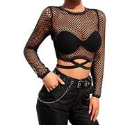 haozaikeji Women Mesh Fishnet Crop Top Jumper Hollow Out See-Through Long Sleeve Round Neck Slim Fit T-Shirt with Cross Straps Trendy Pullover Tops Streetwear for Party Beach Gym Fancy Dress Black