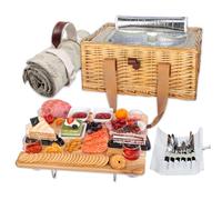 Hap Tim 4 Person Wicker Picnic Basket with Mini Folding Wine Picnic Table Large Cooler Bag and Cutlery Kit for 4 Persons, Couple Gifts, Wedding Gifts (Y2307-4cm)