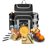 Hap Tim Picnic Basket Backpack for 4 Person with Blanket, Insulated Leakproof Cooler Compartment, Wine Holder, Cutlery Set, Engagement Gifts for Couples, White Elephant Gift Ideas, Black (36221-DG)