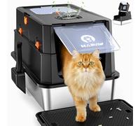HAPAW Stainless Steel Cat Litter Tray with Lid, Anti-Leakage Enclosed Cat Litter Box, Flip-Top Extra Large Metal Litter Tray with Scoop & Pedal, Non-Sticky, Odor Free, Front & Top Dual Entry, Black