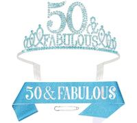 Hapdoo Blue 50th Birthday Decoraions for Women, 50th Birthday Sash and Crown Happy 50th Birthday Decorations for Women, 50 and Fabulous Tiara and Sash Set Birthday Decorations