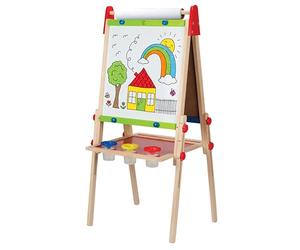 Hape All-in-1 Easel | Award-Winning Double-Sided Kids Standing Easel Adjustable Height Stand with Paper Roll, Chalkboard, Whiteboard, Magnets and 3 Paint Pots