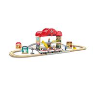 Hape Portable Train Station Set | Wooden Railway Toy with Figurines, Storage Box & Handle | Expandable, Imaginative Play & Travel-Friendly