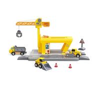 Hape Railway Crane Construction Set | Wooden Train and Construction Playset with Movable Crane, Vehicles and Expandable Tracks | For 3 Years +