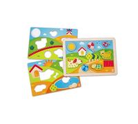 Hape Sunny Valley 3-in-1 Puzzle - Wooden Multi-Level Puzzle with Interchangeable Scenes, 24M+