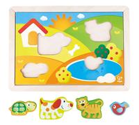 Hape Sunny Valley 3-in-1 Puzzle - Wooden Multi-Level Puzzle with Interchangeable Scenes, 24M+