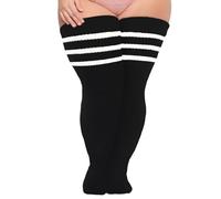 HAPEE Thick Plus Size Womens Thigh High Socks, Extra Long Over the Knee Socks for Thick Thighs, Leg Warmer Boot Socks, with Garter Belt (UK, Alpha, One Size, Plus, Regular, Black Stripe)