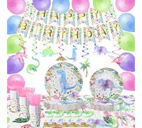 HaPiBiDesign Dinosaur Birthday Party Supplies for Girls - Pink Dinosaur Party Decorations - Balloons Birthday Banner Plates Cups Napkins Tablecloth Tableware (Serves 20)