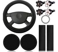 Hapihom 10 Pcs Car Accessories Set, Leather Steering Wheel Cover For Women, Cute Car Accessories Set With Seat Belt Shoulder Pads, Cup Holders, Black