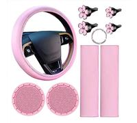 Hapihom 10 Pcs Car Accessories Set, Leather Steering Wheel Cover For Women, Cute Car Accessories Set With Seat Belt Shoulder Pads, Cup Holders, Pink Suit