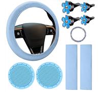 Hapihom 10 Pcs Car Accessories Set, Leather Steering Wheel Cover For Women, Cute Car Accessories Set With Seat Belt Shoulder Pads, Cup Holders, Blue