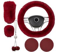 Hapihom 6 Pcs Plush Steering Wheel Cover Set for Women,Car Accessories Set Soft Fuzz Handbrake Gear Cover Bling Mirror Ornament Bling Car Coaster wine red suit