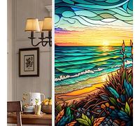 Hapihom Colorful Retro Seaside Sunset Window Film PVC Non-Adhesive Removable Privacy Stained Glass Window Sticker Decorative 23.6 x 39.4inch