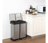 Hapihom Dual Trash Can, 2x30L Recycling Kitchen Pedal Bin with Soft Closing Lid & Inner Buckets, Stainless Steel Double Rubbish Bin, Rectangular 2 Compartment Fingerprint Proof