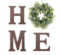 Hapihom Farmhouse Wall Home Sign, Wood Home Sign with Artificial Eucalyptus Wreath, Rustic Hanging Wooden Sign with Letters Decorative, Wooden Home Hanging Letters Decorative Brown