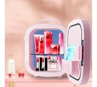Hapihom Portable Mirrored Beauty Fridge, 6L Mini Fridge with LED Lighted Mirror, Personal Beauty Refrigerator, Compact Pink