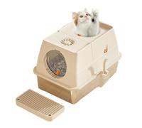 Hapihom Stainless Steel Cat Litter Tray With Lid, Large Top Entry Enclosed Removable Metal Litter Box for Cats With Flip Cover and Litter Scooper, Easy to Clean 60×40×39cm Khaki