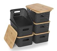 HapiLeap Plastic Storage Baskets With Bamboo Lid, Stackable Plastic Storage Boxes for Organizing Pantry Shelves Drawers Desktop Closet Playroom Classroom Office, 6 Pack (Black)