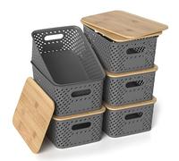 HapiLeap Plastic Storage Baskets With Bamboo Lid, Stackable Plastic Storage Boxes for Organizing Pantry Shelves Drawers Desktop Closet Playroom Classroom Office, 6 Pack (Grey)